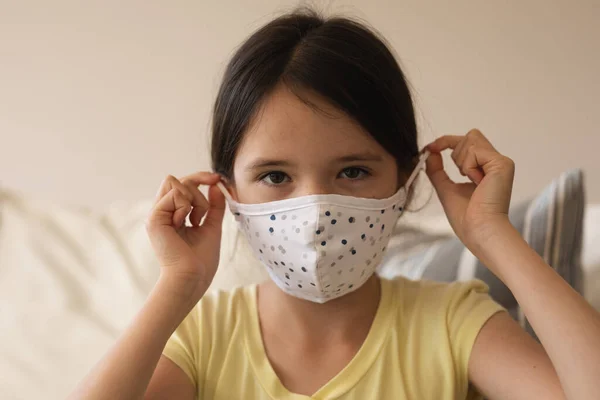 Portrait Caucasian Girl Spending Time Home Wearing Face Mask Looking — Stock Photo, Image