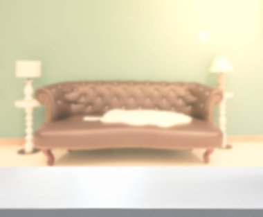 Masa üstü ve arka planın bulanık oturma odası