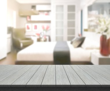 Masa üstü ve bulanıklık arka planda yatak odası