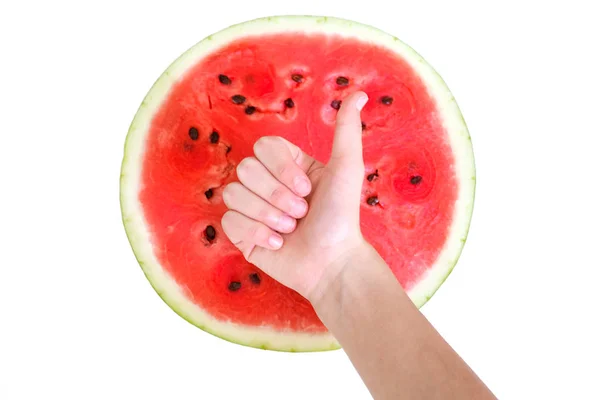 Tecken Tummen Från Barnens Händer Bakgrunden Vattenmelon Markeras Vit Bakgrund — Stockfoto