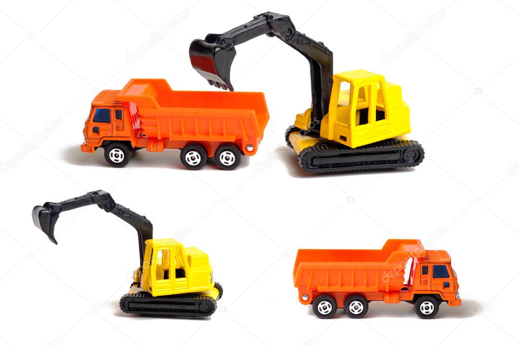 Yellow crawler excavator and orange dump truck isolated on white background. Plastic children's toy on a white background. Construction equipment. Children's toy