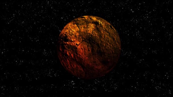 星空の空間回転でオレンジと赤のひびの入った惑星 — ストック動画