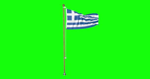 ギリシャの緑の画面のハイパー現実的なループフラグとともに旗竿風ギリシャのフラグなびかせアニメーション3D — ストック動画
