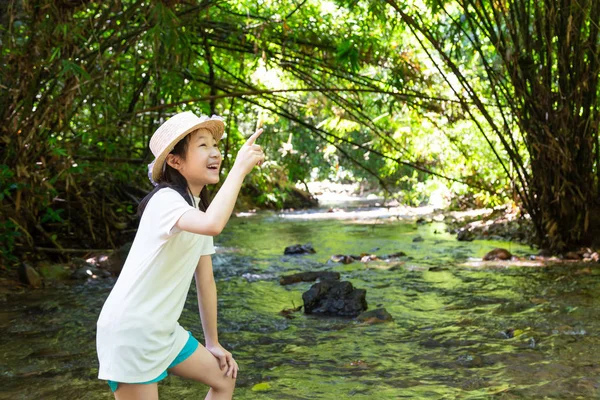 Asian Girl Forest Stream Cute Little Girl Studying Learning Nature — Stock Photo, Image
