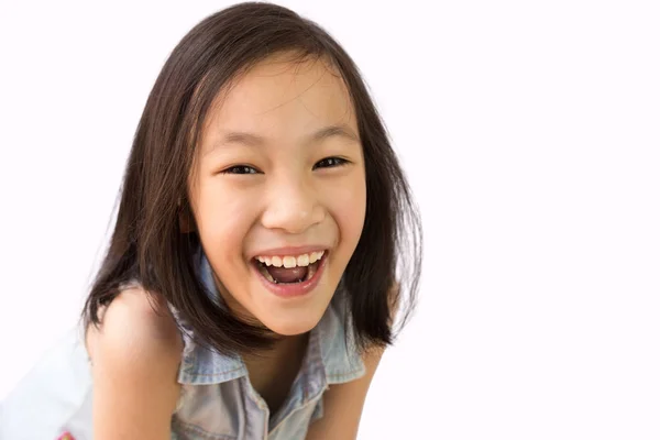Menina Asiática Fundo Branco Alegre Sorrindo Feliz Diversão Saudável Conceito — Fotografia de Stock
