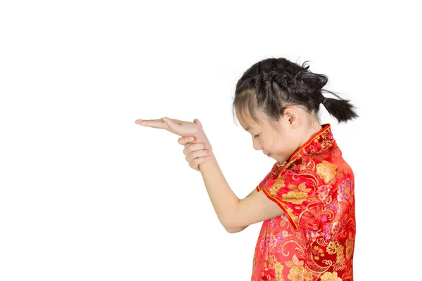 Menina Asiática Vestindo Terno Chinês Vermelho Fundo Branco Durante Festival — Fotografia de Stock