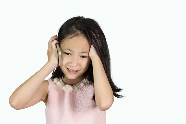 Азіатські Дівчата Допомогою Мобільного Телефону Ізольовані Білому Тлі Стрес Сумно — стокове фото