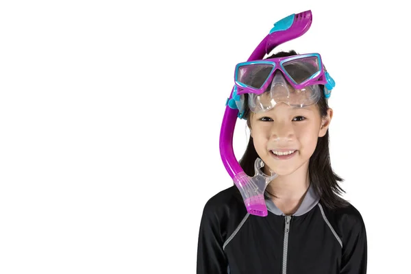 Menina Asiática Usando Uma Máscara Mergulho Isolada Fundo Branco Conceito — Fotografia de Stock