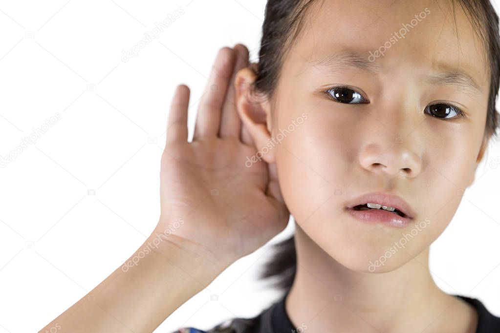 Asian girl listening by hands up to the ear isolated on white background , Children with Hearing Impairment.