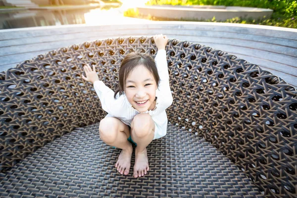 Asian Girl Smiling Happily Sitting Big Chair Pool Holiday — Stock Photo, Image