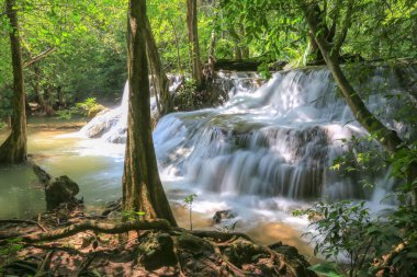 Huai Mae Khamin Waterfall (Khuean Srinagarindra Milli Parkı), tropikal orman, güzel şelale ve turistler için bir tatil Kanchanaburi, Tayland at ile popüler 