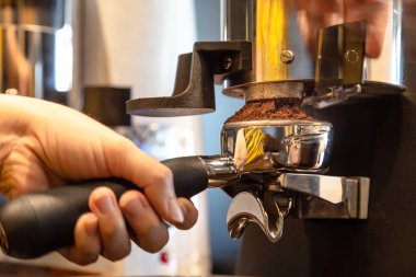 Kapatmak portafilter tutan kadın el kadar kız barista, kavrulmuş kahve çekirdekleri Cafe shop Kahve değirmeni kullanarak toz haline taşlama