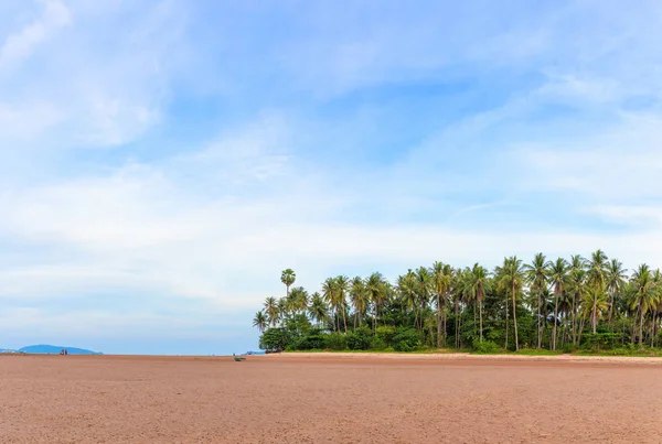 Panorama, Paisaje tropical con playa seca, con el fondo es el cocotero y la montaña, cielo azul en Chumphon, Tailandia —  Fotos de Stock