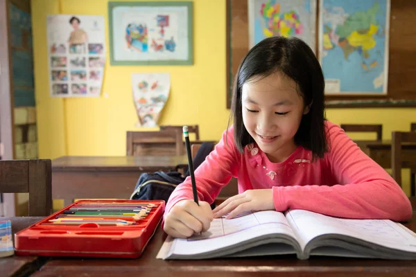 Asian little girl enjoy learning in classroom,portrait of a smiling child student studying holding pencil writing on book,sitting on chair at school,education,elementary school and learning concept
