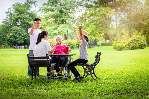Счастливая азиатская семья в открытом парке, отец, мать с маленьким ребенком девочка или дочь играть, танцы, пожилая женщина весело, смеяться, улыбаться вместе, старшая бабушка в инвалидной коляске со своей семьей в летней природе, мульти поколения концепции — стоковое фото