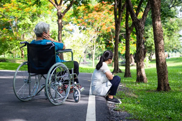 Mulher adulta asiática sensível e irritada agindo com pessoas idosas em cadeira de rodas após discussão mãe sênior, discutir com a filha no parque ao ar livre, dificuldades de relacionamento, conflito, machucar, conceito de problemas familiares — Fotografia de Stock