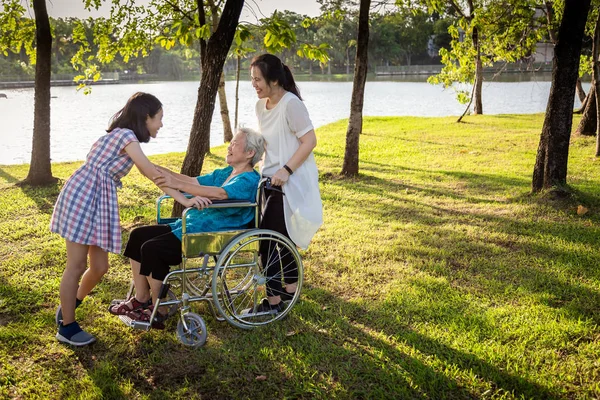 Famille asiatique dans le parc extérieur d'été, souriant femme âgée en fauteuil roulant tandis que sa fille riant et petite-fille la serrent dans ses bras, grand-mère heureuse, famille, amour, concept de soins aux personnes âgées — Photo