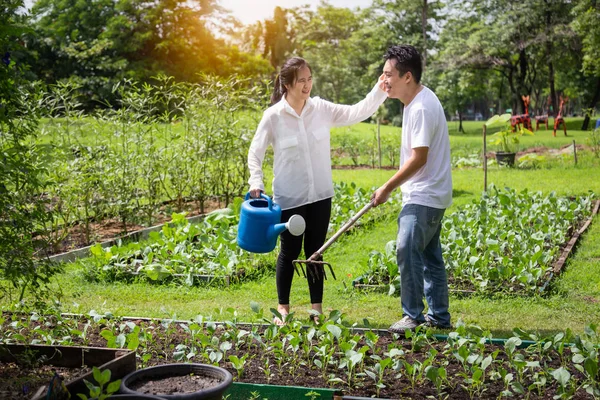 Happy asian couple gardeners,wife help,care,wipe sweat for  husband in farm,man working using rake in organic garden,woman with watering can in vegetables garden,gardening,agriculture,activites grow vegetables — Stock Photo, Image