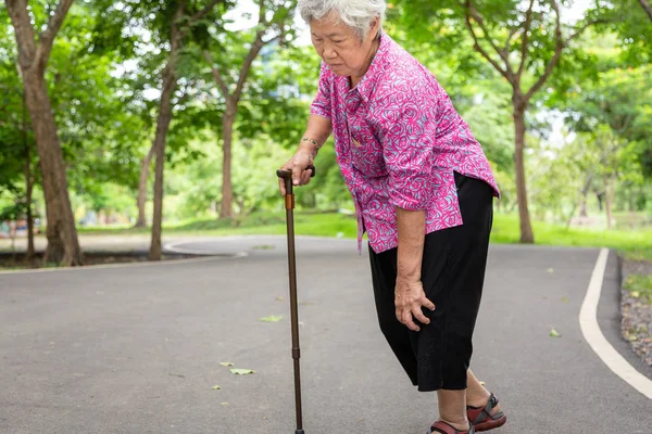 Asiático artrite mulher sênior, osteoartrite, idosos andando com andador no parque ao ar livre, segurando a mão no joelho, sentindo dor no joelho, joelhos inchados, dor nas pernas, conceito médico e de cuidados de saúde — Fotografia de Stock