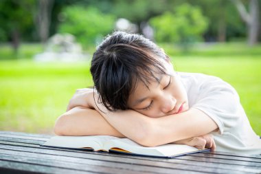 Küçük Asyalı kız çocuğu kitap okurken uyuyor. Şekerlemeler beyni taze ve bilinçli yapıyor. Kadın öğrenci okul ödevini yeşil doğa, eğitim ve güç kestirici konseptiyle yaparken masada uyuyor. 