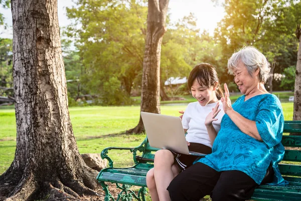 幸せなアジアの孫娘は、ラップトップコンピュータとのビデオ会議を使用して笑顔と高齢者の祖母をお楽しみください,明るい子供の女の子は、ビデオ通話を持っています,彼女の手を振って,屋外公園で彼らの高齢者の女性とハイと言って,技術コンセプト — ストック写真
