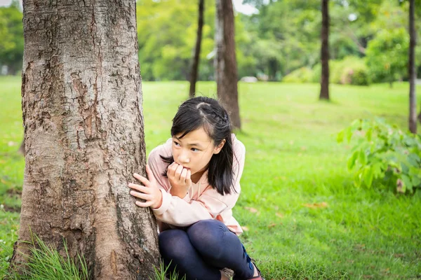 Asiatische kleine Kind Mädchen beißt Fingernägel, Person Angst leiden paranoid, besorgt besorgt sitzen im Outdoor-Park, zunehmende Angst Angst, gestresste und nervöse Unsicherheit, Halluzinationen, Depressionen, Schizophrenie Krankheitskonzept Stockbild