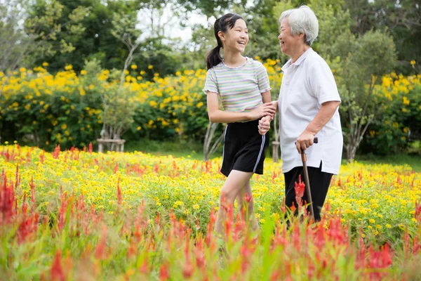 Feliz asiática abuela mayor y nieta caminando en el jardín floreciente, reducción de estrés simple, disfrutando de la naturaleza, niña sonriente cogida de la mano de la mujer anciana cuidado, apoyo, concepto de cuidado de la salud — Foto de Stock