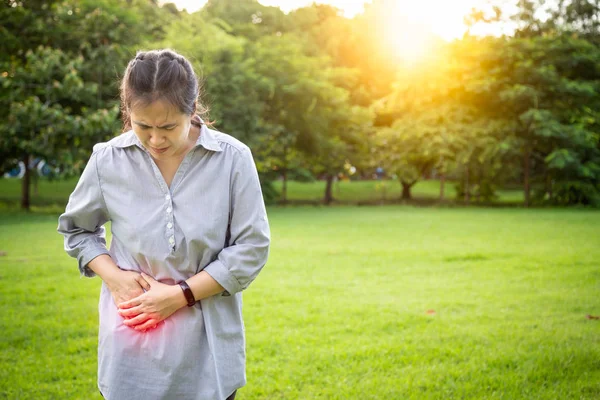 Femme asiatique touchant l'estomac douloureux dans la crise latérale droite de l'appendicite, patiente souffrant de maux d'estomac ressentant une douleur aiguë, symptômes de l'appendicite, problèmes avec l'intestin au parc extérieur, concept de soins de santé — Photo