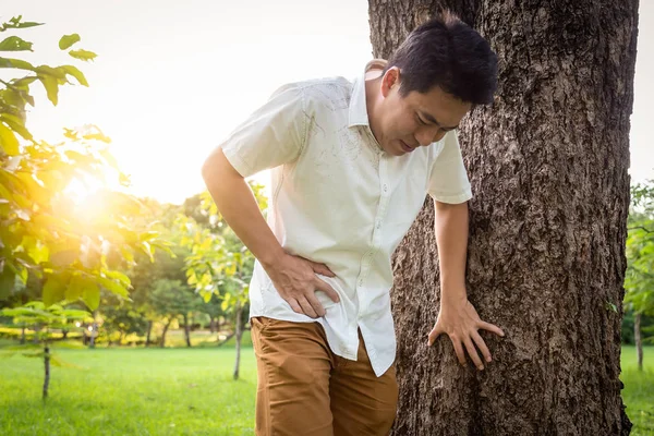 Азиатский мужчина трогает желудок болезненным в правой стороне атаки аппендицита, мужчина пациент, страдающий от боли в животе чувство острой боли, симптомы аппендицита в природе в открытом парке, исцеление концепции ухода — стоковое фото