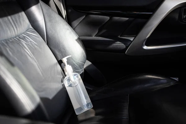 Hand Sanitizer Placed Car Seat Exposed Sun Sunny Day Keep — Stock Photo, Image