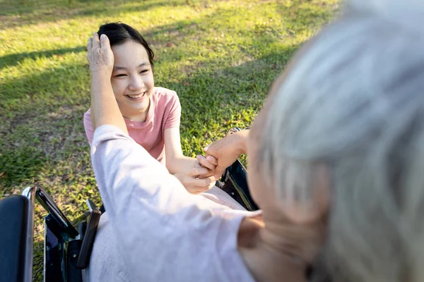 Femme Âgée Dans Son Fauteuil Roulant Grand Mère Âgée Caresse — Photo