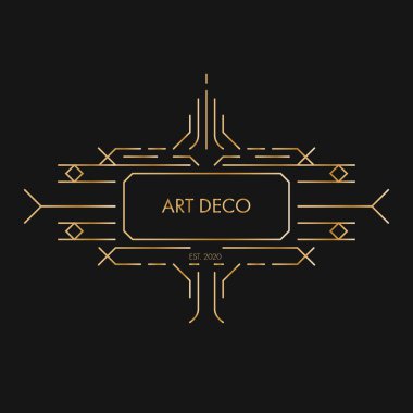 Siyah arkaplanda soyut Art Deco tarzı pankart tasarımı. Sunum için altın hatlı geometrik şablon, poster, broşür, kapak, arkaplan.