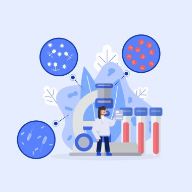 Kadın tıp bilimci mikroskop ve kırmızı kan hücresi, bakteri ve virüslü kan tüplerinin önünde mikroskop altında duruyor. Sağlık bilimi karakter tasarımı kavramını benimse..