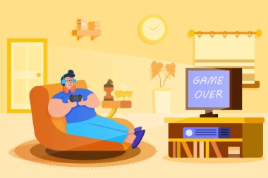Adam evindeki oturma odasında video oyunu oynuyor. Karantina sırasında ya da hafta sonu tatilinde boş zamanlarında hobisi olan düz karakter tasarımı.