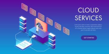 Bilgisayar, simge ve devre şablonu kullanan insanlarla birlikte konsept bulut hizmetleri teknolojisinin Isometric vektör tasarımı.