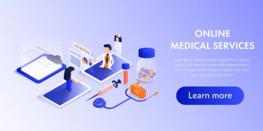 Tıbbi servis izometrik tasarımını hesaba katın. Doktor hastasına antibiyotik ilaç hakkında tavsiye ve reçete verir..