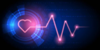 Kırmızı parıldayan kalp ve nabız dalgası ile soyut teknoloji arka planı, yüksek teknoloji çemberi.