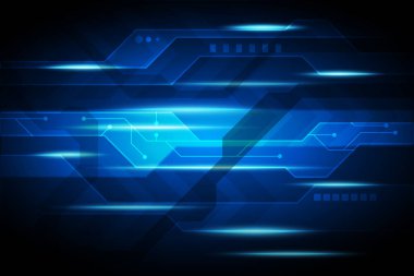 Elektronik devre ve mavi ışık demeti ile soyut geleceksel teknoloji arka planı.