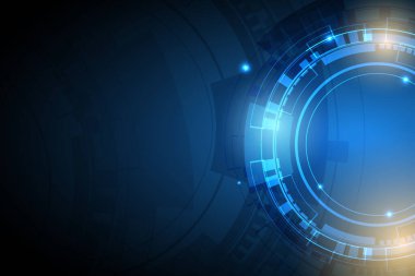 Soyut teknoloji arka planında turuncu ve mavi ışıltı ve yüksek teknoloji çemberi.