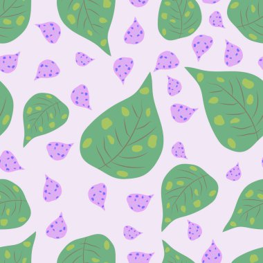 Kusursuz yeşil ve mor yaprak deseni. Renkli yaprak arkaplanını tekrarla. 