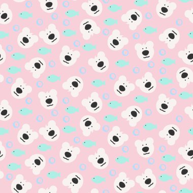 Kusursuz kutup ayısı yüzü ve balık deseni. Sevimli çizgi film arka plan tekrarlama vektör çizimi.