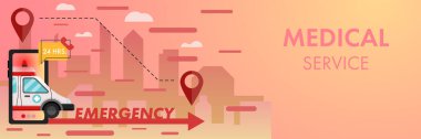 24 saatlik tıbbi servis vektör çizimi kavramı. Şehir planına sahip akıllı telefondan kırmızı okla acil ambulans çalışıyor..