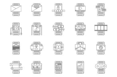 20 akıllı telefon uygulaması siyah ana hatlı simge tasarımı. Modern teknoloji doğrusal simge seti.