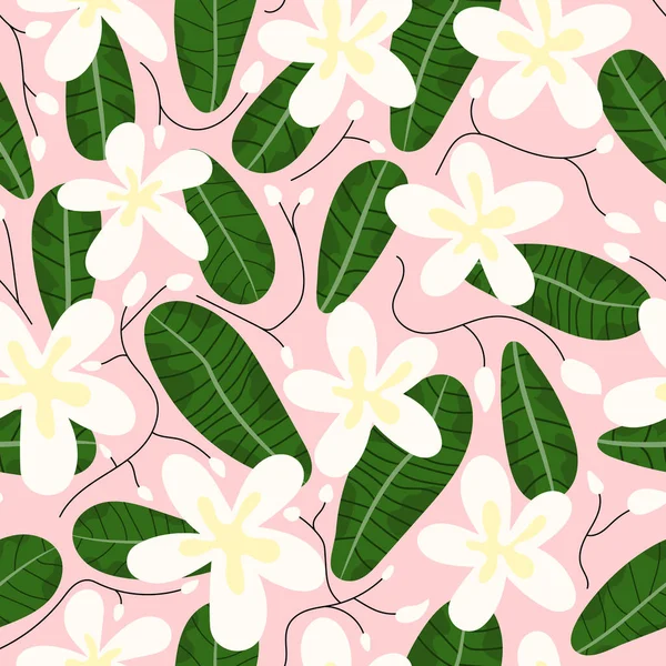 ピンクを基調としたシームレスな白フランジパニの花と葉 花の繰り返しパターンの手描きベクトル — ストックベクタ