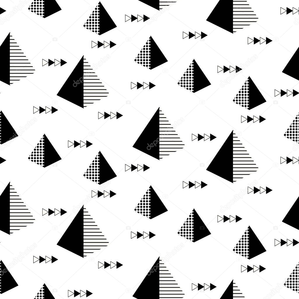 Seamless black and white pyramid and arrow pattern. Geometric design repeat background.