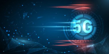 Parlayan 5G, yüksek teknolojili daire, düşük polimerli doku ve ışıltı efektli soyut gelecek teknolojisi arka planı.
