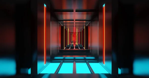 Återge Grafik Futuristiska Högteknologiska Stil Metallkorridor Med Blått Rött Och — Stockfoto