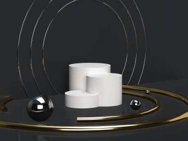 3D render boş beyaz silindir standı ile gümüş, altın yüzük ve metal top koyu arkaplan üzerinde.