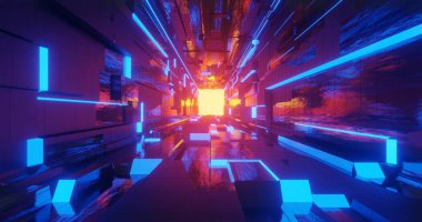 3D görüntüleme neon-fi et koridoru arka planı mavi, sarı, turuncu ışık efekti.