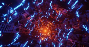 3D fütüristik bilim kurgu arkaplanını mavi ve turuncu ışık efektiyle oluşturur.